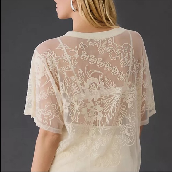 Anthropologie Embroidered Sheer Cream Lace Top - Picture 2 of 6